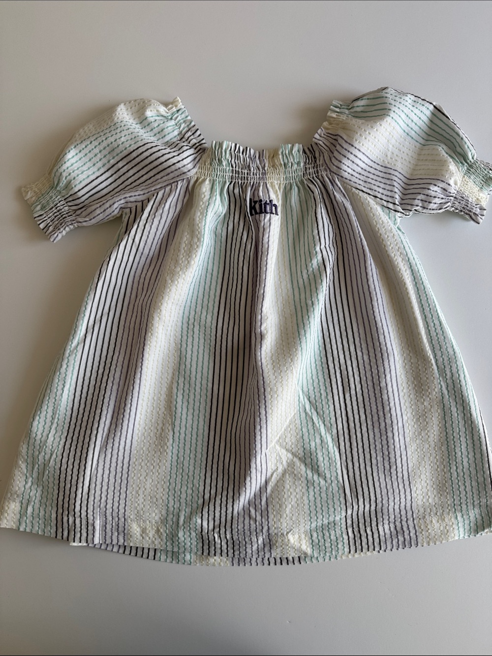 Kith Off-Shoulder Striped Dress in White, Mint & Black